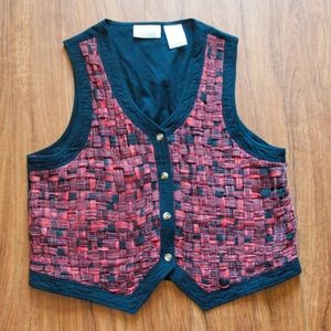 Vintage Red & Black Plaid Woven Basket Weave Vest